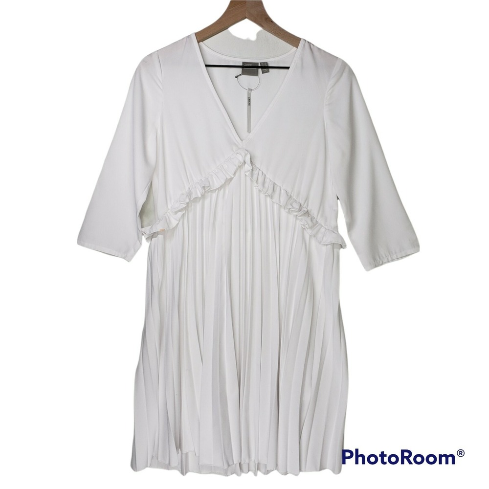 NEW Asos Design Pleated Smock Mini Dress Sz 4 White Ruffle Tunic NWT